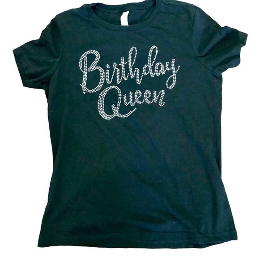 Bedazzled Rhinestone‎ Birthday Queen Women's Black T-Shirt. Size Small